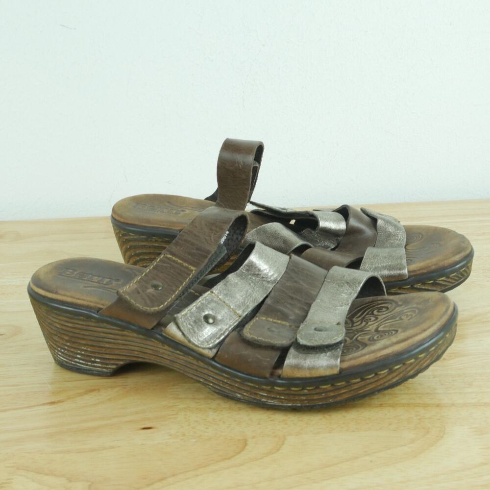 Born Womens 9 Clog Sandal Slip On Metallic Leather Adjustable Comfort Wedge Heel